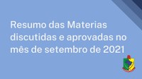 Resumo das materias discutidas e aprovadas ao decorrer do mês de setembro de 2021