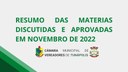 RESUMO DAS MATERIAS DISCUTIDAS E APROVADAS EM NOVEMBRO DE 2022