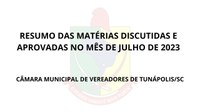 Resumo do mês de julho da Câmara Municipal de Vereadores de Tunápolis